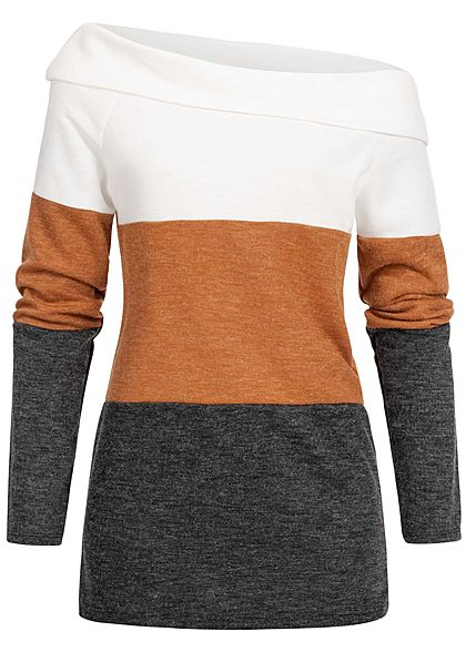 Styleboom Fashion Damen One-Shoulder Colorblock Pullover weiss braun schwarz