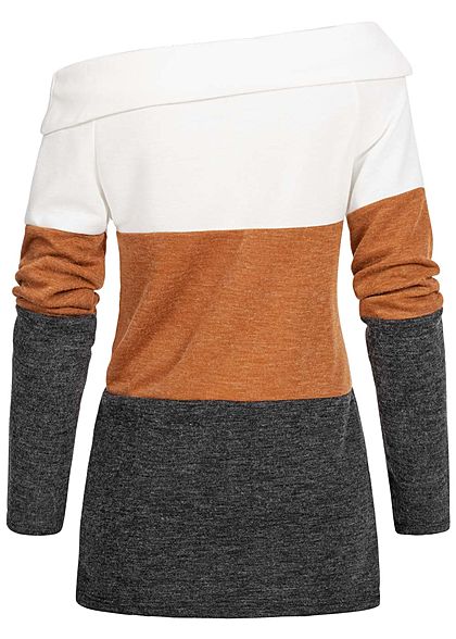 Styleboom Fashion Damen One-Shoulder Colorblock Pullover weiss braun schwarz