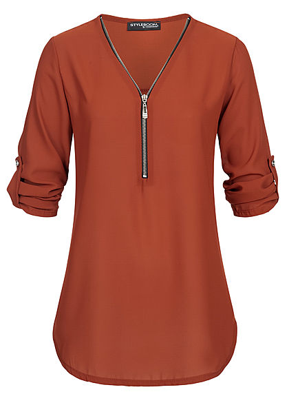 Styleboom Fashion Damen V-Neck Turn-Up Chiffon Bluse Zipper copper braun