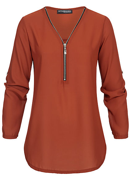 Styleboom Fashion Damen V-Neck Turn-Up Chiffon Bluse Zipper copper braun