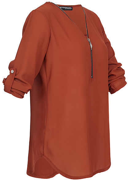 Styleboom Fashion Damen V-Neck Turn-Up Chiffon Bluse Zipper copper braun