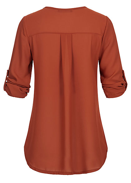 Styleboom Fashion Damen V-Neck Turn-Up Chiffon Bluse Zipper copper braun