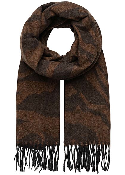 Zabaione Damen Fransen Schal Wellen Muster 200x66cm caramel braun schwarz