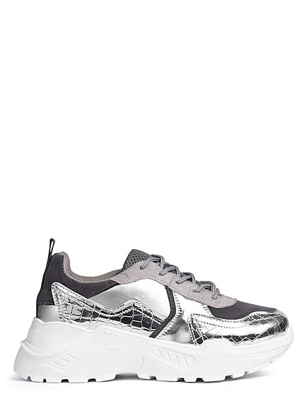 Zabaione Damen Schuh Chunky Sneaker Metallic Optik hell grau silber