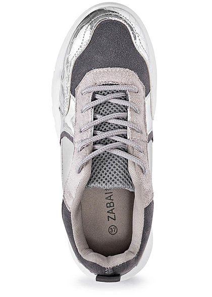 Zabaione Damen Schuh Chunky Sneaker Metallic Optik hell grau silber