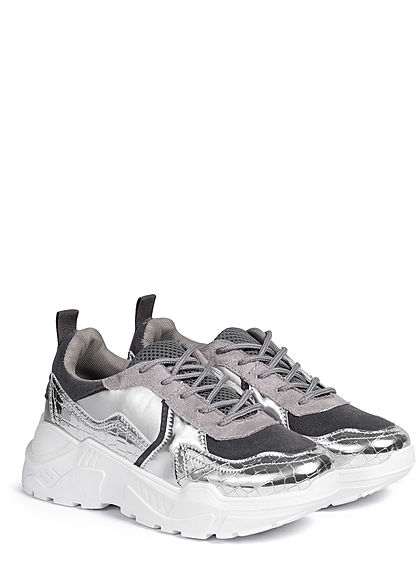 Zabaione Damen Schuh Chunky Sneaker Metallic Optik hell grau silber