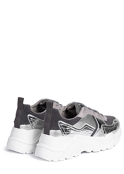Zabaione Damen Schuh Chunky Sneaker Metallic Optik hell grau silber