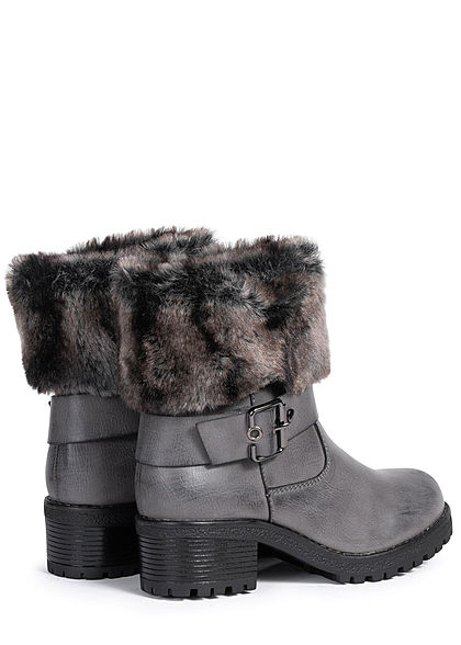 Seventyseven Lifestyle Damen Schuh Boots Stiefelette Deko Schnalle Kunstfell medium grau