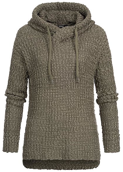 Eight2Nine Dames gebreide Hoodie met overlappende Kap dusty olijfgoen