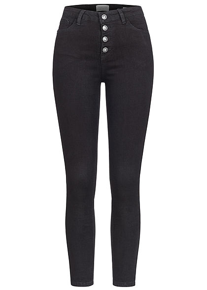 Hailys Damen High-Waist Skinny Jeans Hose Knopfleiste 5-Pockets schwarz denim
