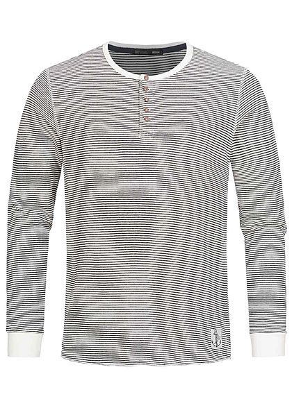 Eight2Nine Herren leichter Sweater Streifen Muster Knopfleiste off weiss schwarz