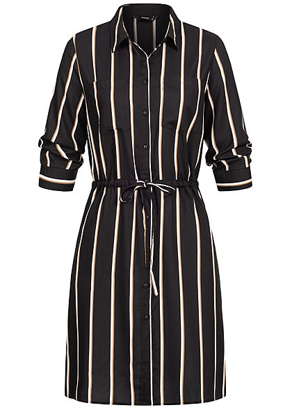 ONLY Damen NOOS 3/4 Arm Blusen Kleid Streifen Muster Taillenzug schwarz caramel