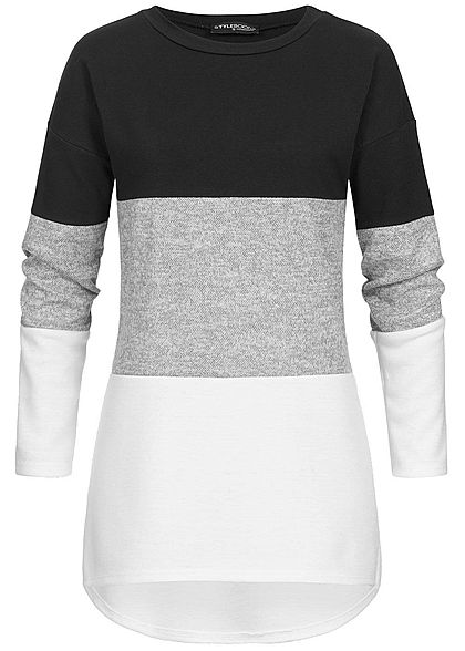 Styleboom Fashion Damen Colorblock Pullover Vokuhila schwarz grau weiss