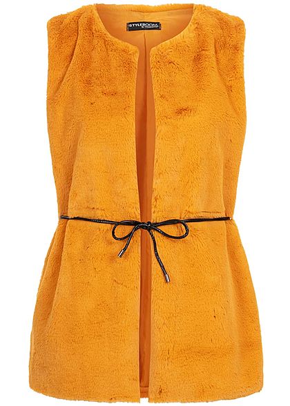 Styleboom Fashion Damen Kunstfell Weste 2-Pockets inkl. Gürtel curry gelb