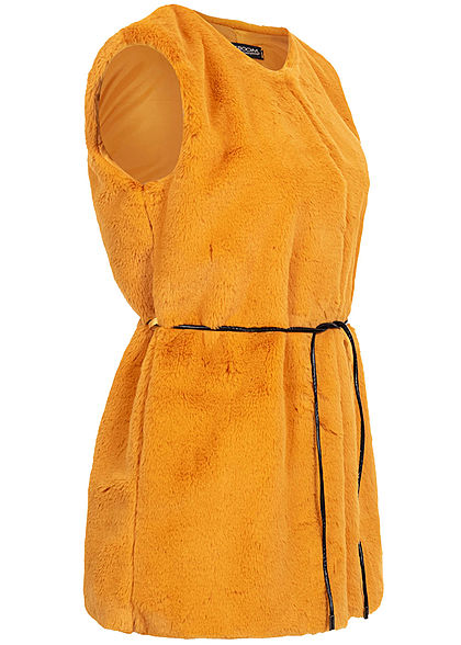 Styleboom Fashion Damen Kunstfell Weste 2-Pockets inkl. Gürtel curry gelb