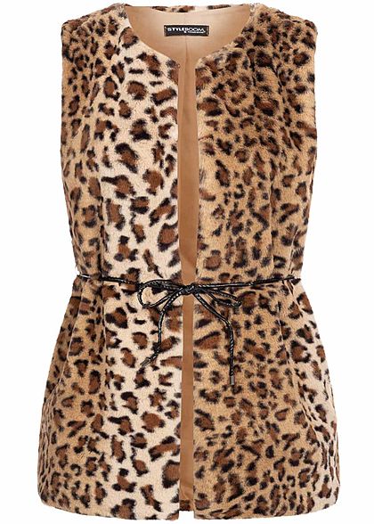 Styleboom Fashion Damen Kunstfell Weste Leo Print inkl. Gürtel camel braun
