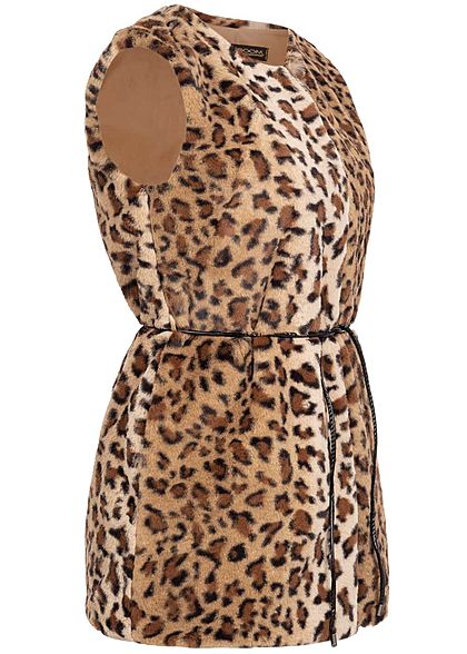 Styleboom Fashion Damen Kunstfell Weste Leo Print inkl. Gürtel camel braun