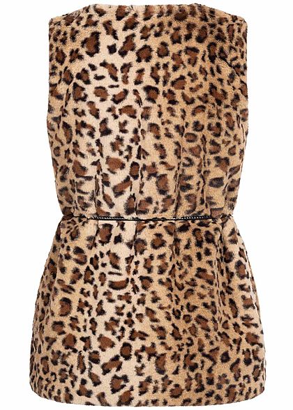 Styleboom Fashion Damen Kunstfell Weste Leo Print inkl. Gürtel camel braun