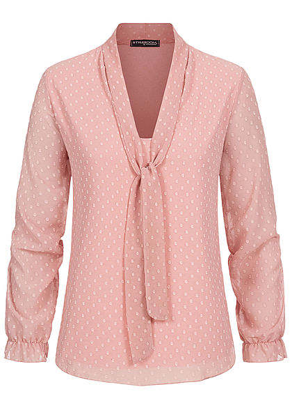 Styleboom Fashion Damen V-Neck Chiffon Bluse Schleife Punkte Muster old rosa - Art.-Nr.: 19126051
