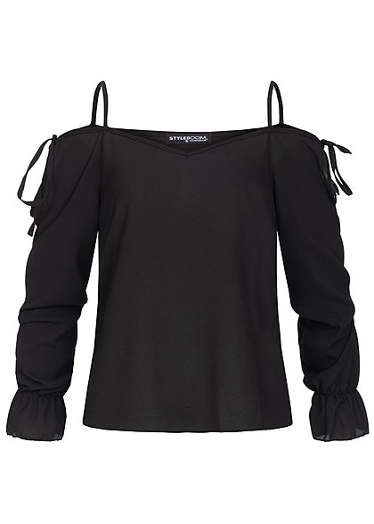 Styleboom Fashion Damen Cold-Shoulder Chiffon Bluse Struktur-Stoff schwarz - Art.-Nr.: 19126054