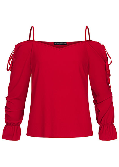 Styleboom Fashion Damen Cold-Shoulder Chiffon Bluse Struktur-Stoff bordeaux rot - Art.-Nr.: 19126055