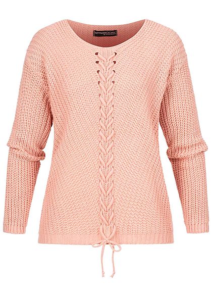 Styleboom Fashion Damen V-Neck Strickpullover Schnüre vorne old rosa