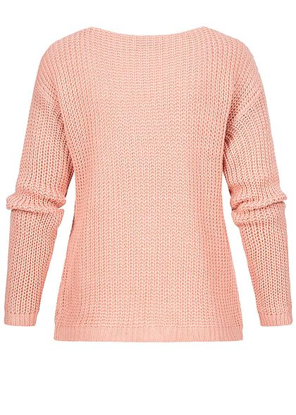 Styleboom Fashion Damen V-Neck Strickpullover Schnüre vorne old rosa