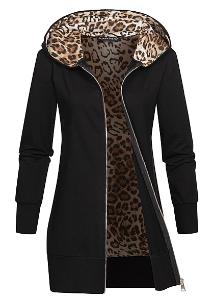 Cloud5ive Dames Longform Zip Hoodie met leo print zwart beige
