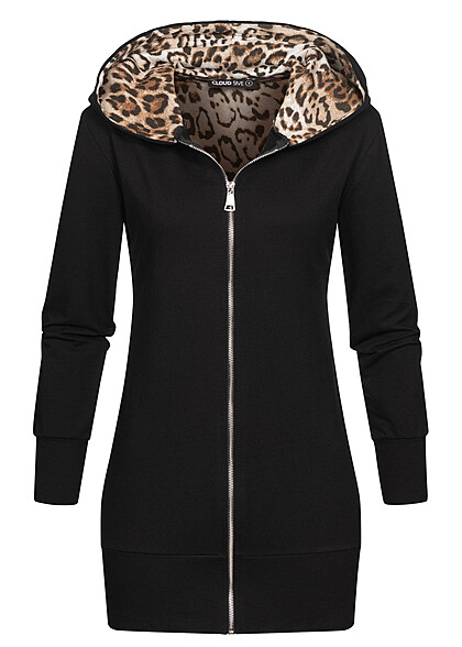 Cloud5ive Dames Longform Zip Hoodie met leo print zwart beige