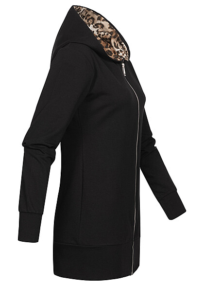 Cloud5ive Dames Longform Zip Hoodie met leo print zwart beige