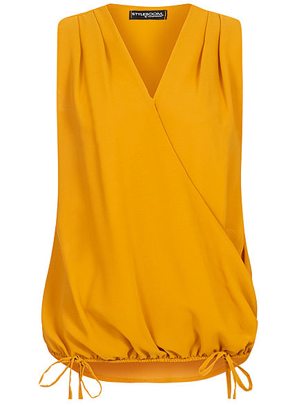 Styleboom Fashion Damen Wrapped Chiffon V-Neck Top 2-lagig senf gelb