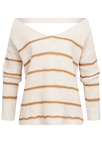 Styleboom Fashion Damen Off-Shoulder Strickpullover Rückenausschnitt beige braun