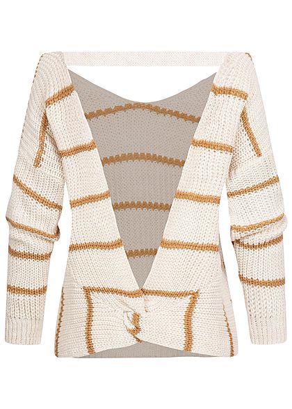 Styleboom Fashion Damen Off-Shoulder Strickpullover Rückenausschnitt beige braun