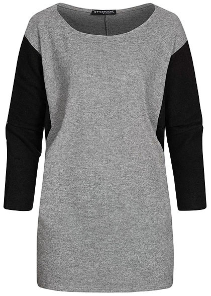 Styleboom Fashion Damen Chenille 2-Tone Shirt oversized grau schwarz