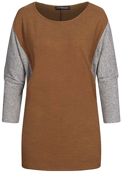 Styleboom Fashion Damen Chenille 2-Tone Shirt oversized camel braun grau