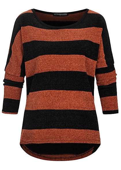 Styleboom Fashion Damen Chenille Oversized Sweater Streifen Muster braun schwarz