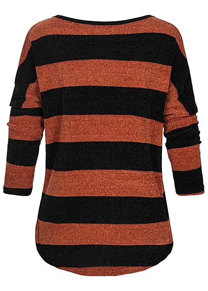 Styleboom Fashion Damen Chenille Oversized Sweater Streifen Muster braun schwarz