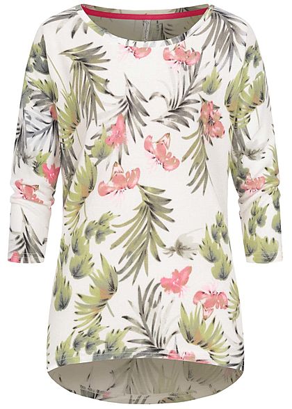 Seventyseven Lifestyle Damen Oversized 3/4 Arm Soft-Touch Shirt Floraler Print off weiss