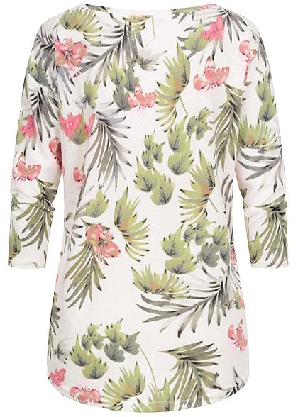 Seventyseven Lifestyle Damen Oversized 3/4 Arm Soft-Touch Shirt Floraler Print off weiss