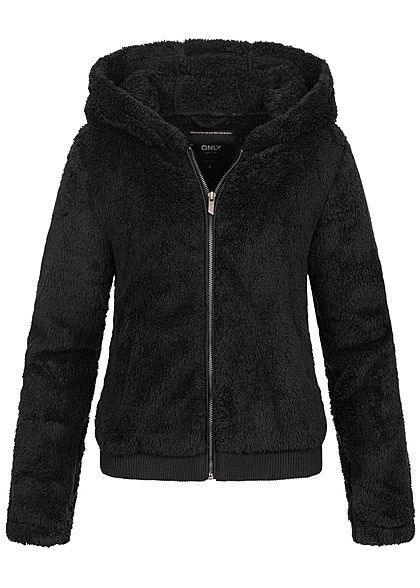 ONLY Dames Sherpa teddybont hoodie met rits en 2 zakken zwart