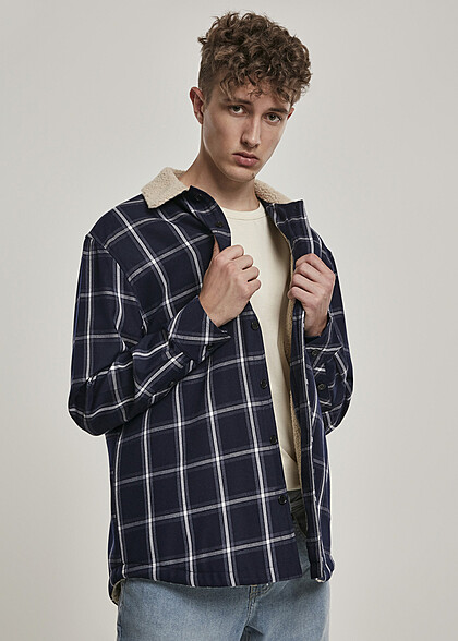 Urban Classics Herren 2in1 Sherpa Hemd-Jacke mit Karo Muster navy blau weiss