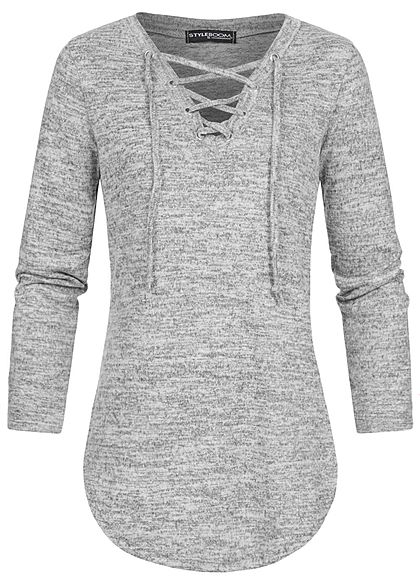 Styleboom Fashion Damen V-Neck Melange Pullover Schnürausschnitt hell grau