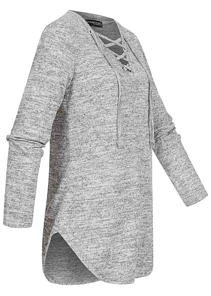 Styleboom Fashion Damen V-Neck Melange Pullover Schnürausschnitt hell grau
