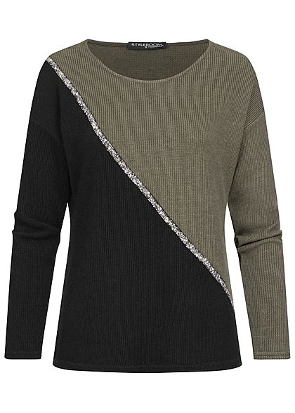 Styleboom Fashion Damen Ribbed 2-Tone Pullover Pailletten olive schwarz