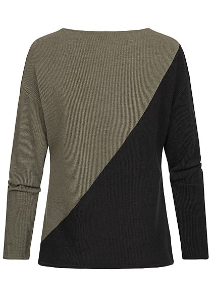 Styleboom Fashion Damen Ribbed 2-Tone Pullover Pailletten olive schwarz