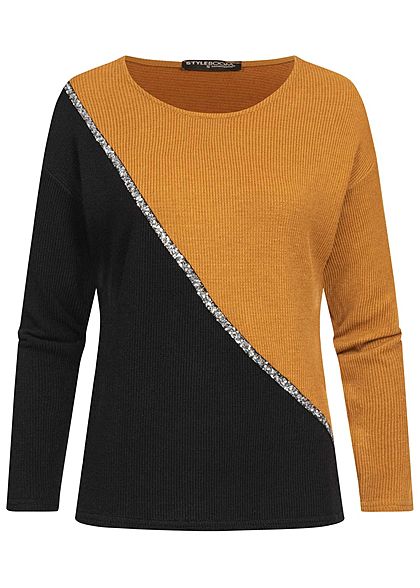 Styleboom Fashion Damen Ribbed 2-Tone Pullover Pailletten senf gelb schwarz