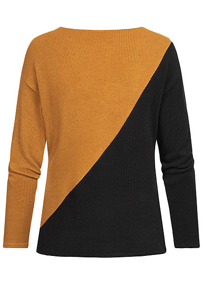 Styleboom Fashion Damen Ribbed 2-Tone Pullover Pailletten senf gelb schwarz