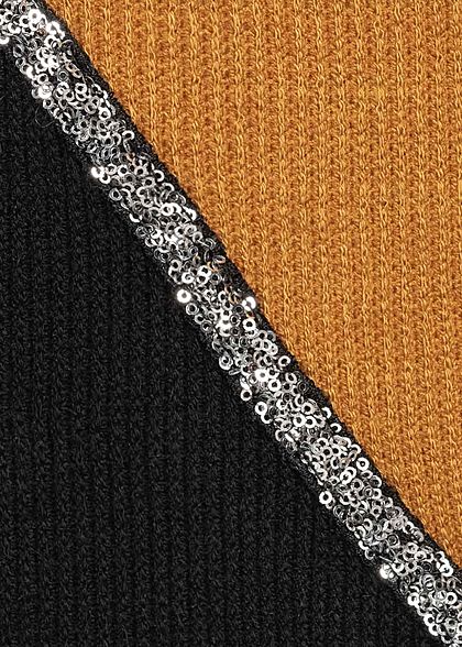 Styleboom Fashion Damen Ribbed 2-Tone Pullover Pailletten senf gelb schwarz