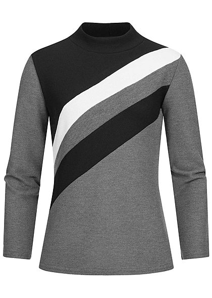 Styleboom Fashion Dames Colorblock Pullover Diagonaal Patroon zwart grijs