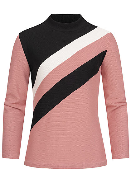 Styleboom Fashion Dames Colorblock Pullover Diagonaal Patroon roze zwart